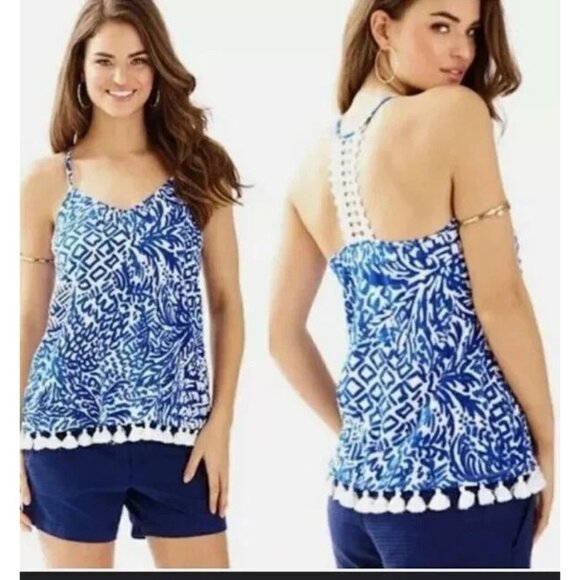 Lilly Pulitzer Nya Tunic Tank Tee Top Crochet Back Tassels XS - Picture 1 of 6